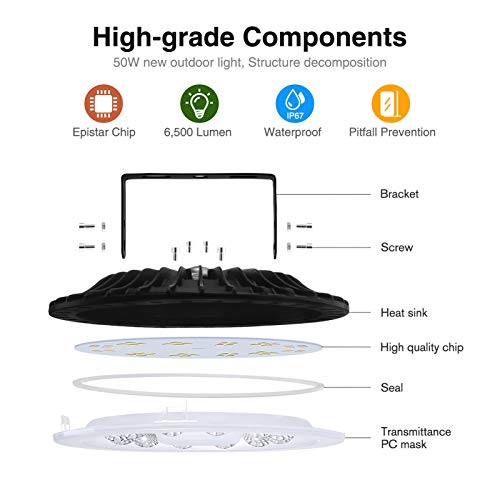 8 Packs 50W UFO LED High Bay Light, 5000LM Commercial Bay Lighting Daylight 6500K, IP65 Waterproof LED Commercial Bay Light, LED Warehouse Light Shop Light Garage Light - color: 8 Packs, size: 50watt