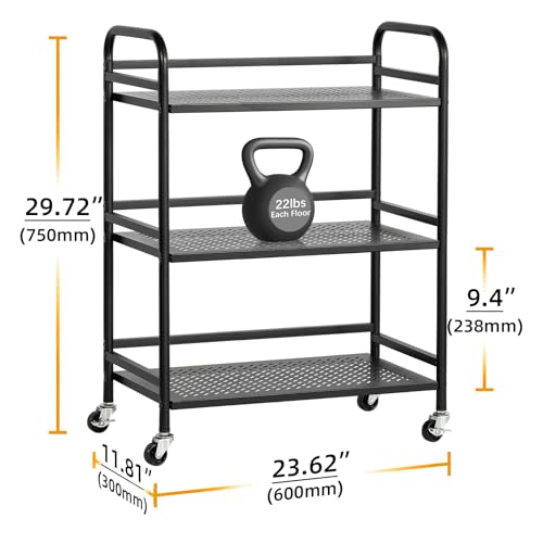 HDANI 3 Tier Metal Rolling Heavy Cart Supports 40 Lbs Per Tier,Mesh Rolling Cart with 2 Lockable Wheels for Office,Home,Bedroom,Kitchen,Bathroom(Black) - color: Black, size: Large Mesh