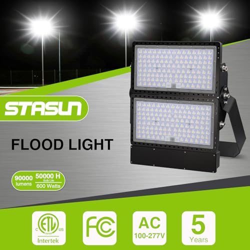 STASUN 600W 90000LM LED Flood Light Outdoor - Flying Series Ultra, 100-277V 5000K Daylight White, IP67 Waterproof Stadium Lights for Arena, Backyard, Parking Lot, Courts, ETL Certification - size: 600W