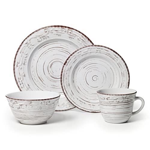 Pfaltzgraff Trellis White 16-Piece Stoneware Dinnerware Set, Service for 4, Distressed White Finish, Microwave & Dishwasher Safe Plates and Bowls - color: Distressed White