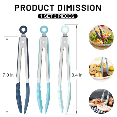 HOTEC Small Silicone Kitchen Tongs 7-Inch Mini Serving Tongs, Set of 3 - color: Gradient Blue