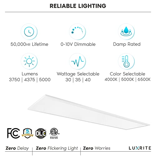 LUXRITE 1x4 FT LED Flat Panel Light, 30/35/40W, 3 Color Selectable 4000K-6500K, Backlit Drop Ceiling Lights, 3750/4375/5000 Lumens, 0-10V Dimmable, 100-277V, Prismatic Anti-Glare, ETL DLC (2 Pack)
