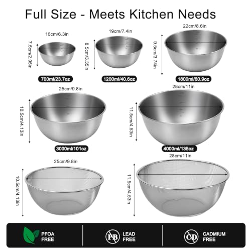 7PCS Stainless Steel Mixing Bowls Set with Colanders for Baking, Cooking