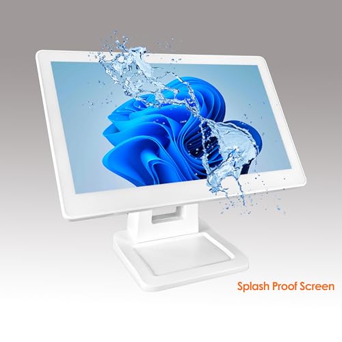 ANGEL POS 15.6 Inch 1920 x 1080 FHD IPS Touchscreen POS Monitor with Metal Stand, 10 Points Touch HDMI VGA, Waterproof Dustproof Screen 1080P, Indusitrial, Office, Retail, Gym, Warehouse (White) - color: White
