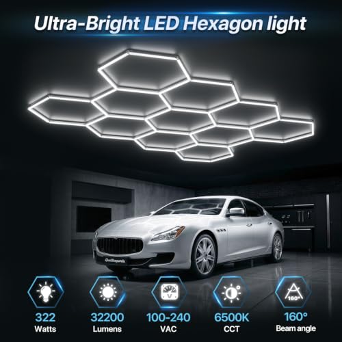 HYPERLITE Gen II Hexagon Garage Lights: 322W 32200LM 11 Grids Hexagon Led Light, 6500K Ultra Bright Honeycomb Hex Lights, Easy Install, Durable Design for Garage, Car Detailing, Workshops, Gym - size: 11 HEX