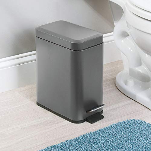 mDesign Small Modern 1.3 Gallon Rectangle Metal Lidded Step Trash Can, Compact Garbage Bin with Removable Liner Bucket and Handle for Bathroom, Kitchen, Craft Room, Office, Garage - Graphite Gray - color: Graphite Gray, size: 1.3 Gallon