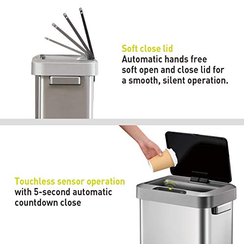 EKO EK9262MT-45L Horizon 45 Liter/11.9 Gallon Rectangular Motion Sensor Trash Can or Recycling Bin, Brushed Stainless Steel Finish - size: Horizon 45 liter - Stainless Steel