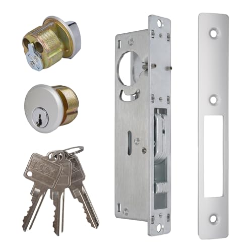 Storefront Door Lock, Commercial Door Lock Double Cylinder Hook Deadbolt Lock Set with 3 Key Zinc Alloy Lock Core for Aluminum Zinc Alloy Shop Doors 1-1/8" Backset Silver