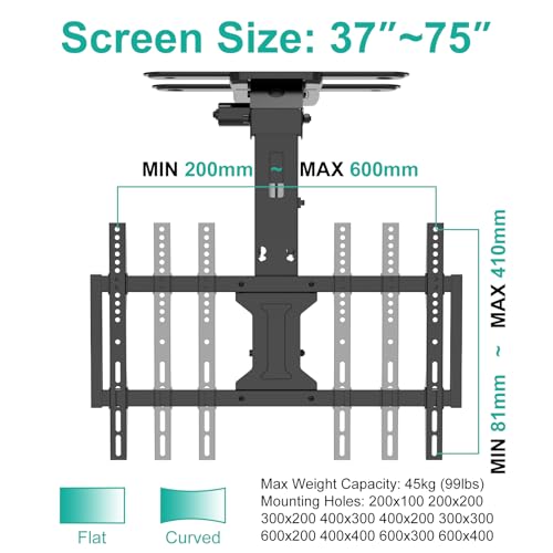 WALI Motorized Ceiling TV Mount with Remote for 37-75 inch TVs, up to 99lbs - color: Black (600x400mm), size: 2.5 feet