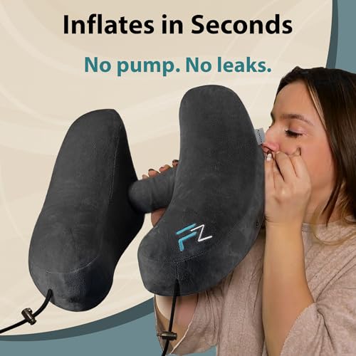 FLOWZOOM Air Inflatable Neck Pillow for Traveling on Plane - H-Shape Hooded Airplane Pillow with 5 Snooze Modes, Fast Inflation, Pressure Control, Cozy Clip-On Hood & Plushy Cover - Size L, Jet Black - color: Jet Black