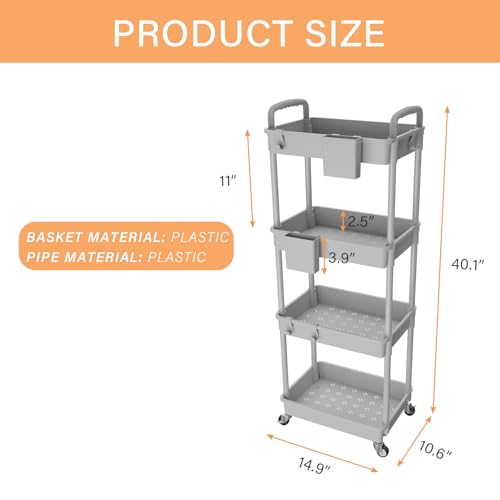 4 Tier Rolling Utility Cart with Handle,REBECAT Utility Cart Made of Multifunctional Storage Organizer Tool for Kitchen,Bathroom,Living Room,Office(Gray) - color: Gery