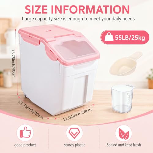 Sunnyray 4 Pcs 55 Lbs Rice Flour Storage Bins with Wheels, Pink - color: Pink, size: 55 lbs