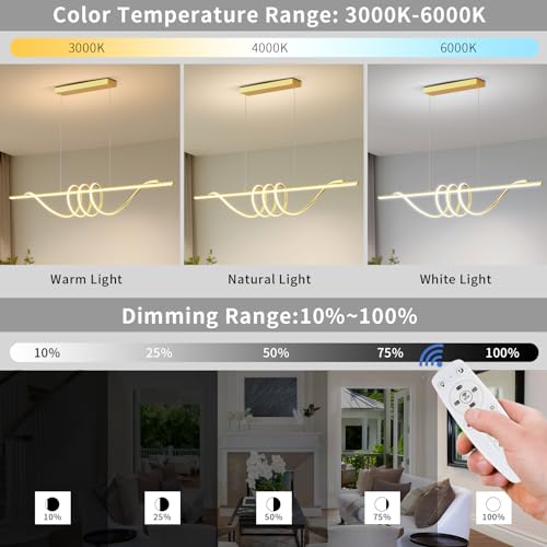 Modern LED Pendant Lights Kitchen Island, 57in Gold Chandelier Dimmable with Remote Control 3000k-6000K Adjustable, Aluminum Island Lighting Lamp Fixture for Kitchen, Dining Room - color: A-Gold, size: 57inch