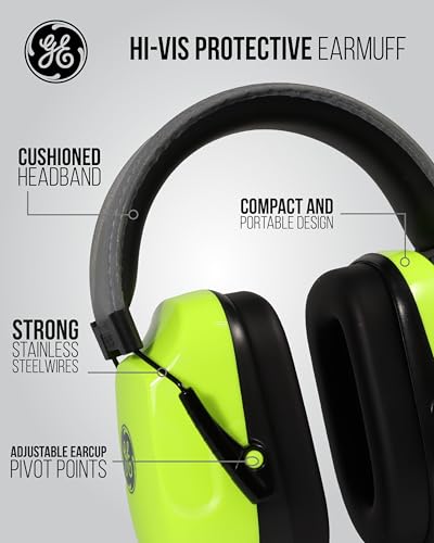 GE Noise Reduction Earmuff Adjustable - NRR 27dB Hearing Protection ANSI - color: Hi-vis Lime/Gray