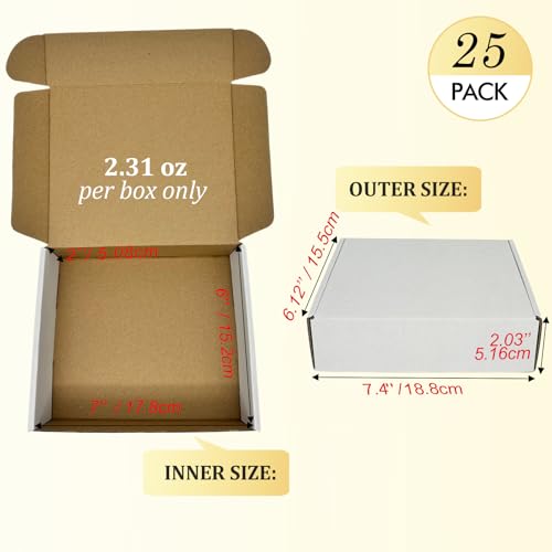 Small Shipping Boxes 7x6x2, Set of 25, White Corrugated Cardboard Box Mailer (YD762-25W) - color: White-25 Pack, size: 7x6x2''
