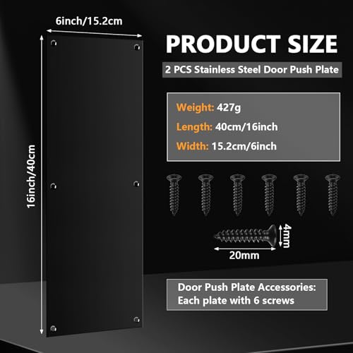 2Pcs Push Door Plate 16x6inch Stainless Steel Door Push Plate Door Kick Plate,Brushed Doorplate Door Proection Metal Plate with 12 Screws for Door Interior Exterior Accessories(Black)