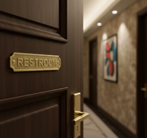 Solid Brass RESTROOM Door Sign Plaque 22 x 5 cm Engraved Bathroom Sign Plate Wall Mount with Screws for Home Office Hotel Restaurant Washroom Identification Signage - color: RESTROOM
