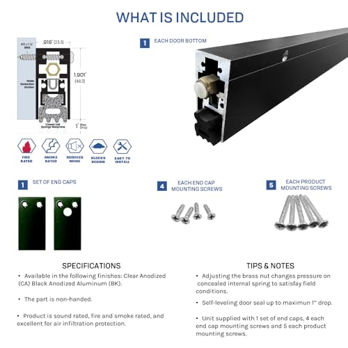 Fire Rated/Heavy Duty/Surface Automatic Door Bottom with Sponge Neoprene Rubber Extrusion in Black Anodized Aluminum (7163BK), SMS #8 x 1-1/2'' Supplied, (48'' L x 29/32'' W x 1-29/32'' H) - color: Black Anodized Aluminum, size: 48''
