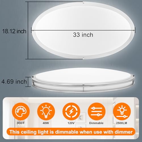 33 Inch Oval Brushed Nickel Ceiling Light Fixture - Flush Mount LED Kitchen Ceiling Lamp 3000K/4000K/5000K Adjustable Brushed Nickel Bathroom LED Light for Bedroom 40W 2500LM - color: Brushed Nickel, size: 33 inch - 1 Pack