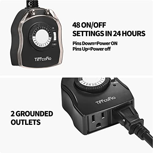 TiFFCOFiO Outdoor Timer Outlet for Lights, 24 Hour Mechanical, Outdoor Light Timer Waterproof, 2 Grounded Outlets for Home and Garden, 15A 1/2HP, Heavy Duty, CSA Listed (2 Pack) - size: 2 Pack