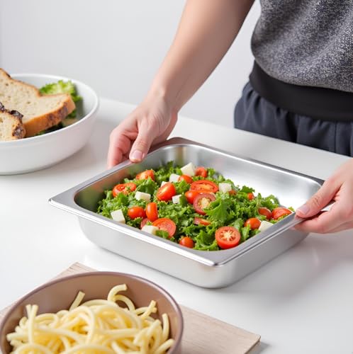 4 Pack Half Size Hotel Pan, 1/2 Size 2.5 Inch Deep Stainless Steel Steam Table Pan, Stackable Steam Pan, Half Pans for Chafing Dishes, Breading Trays for Home, Party, Hotel, Buffet