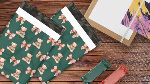 10x13 (100) Christmas Teddy Bear Poly Mailers Holiday Shipping Bags - color: Teddy Bears and Bows, size: 10x13