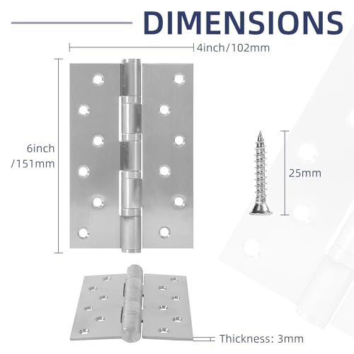 6 Pack Ball Bearing Door Hinges with Square Corners, 6 x 4 Inch Heavy Duty Stainless Steel Hinges with Screws for Exterior & Interior Doors, Brushed Nickel - color: Brushed Nickel, size: 6.0 inch X 4.0 inch