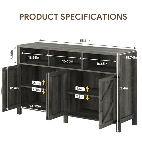 knoworld Buffet Sideboard with Storage Farmhouse, Large Kitchen Storage Cabinet Wood Coffee Bar Cabine Buffet for Kitchen, Living Room, 55in, Grey - color: Grey, size: 55"W