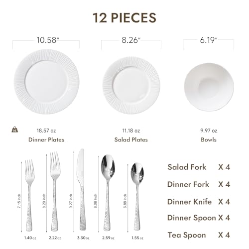 KINGSTONE 12Pc Bone China Dinnerware Set & 20Pc Flatware Combo Set for 4 - color: White-striped, size: service for 4-32pcs