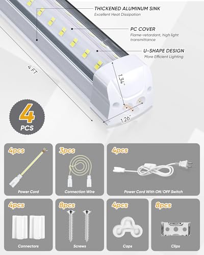 4FT 4 Pack Super Bright LED Shop Lights, 9600LM 60W 6000K Daylight - size: 9600LM-4Pack