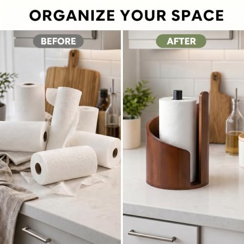 Paper Towel Holder Countertop with Wood Round Base and Iron Holder,Holds Mega Roll,Holder Stand for Kitchen Roll Organize,Wooden Paper Towel Holder for Kitchen Dining Table Home Decor - color: Brown