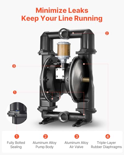 VEVOR Air Operated Double Diaphragm Pump, 158 GPM, 2 inch Inlet & Outlet Pneumatic Waste Oil Transfer Pump, Max 114 PSI, Aluminum Alloy Body, Air-Operated for Diesel, Grease, Kerosene, Gasoline & Oil - size: 158 GPM