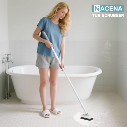 nacena Shower Scrubber with Long Handle, 4 in 1 Tile Tub Scrubber Brush with 3 Detachable Cleaning Heads and V-Shaped Grout Brush Shower Cleaner Brush for Bathroom Kitchen Toilet Tub Sink, Grey White - color: Grey White, size: 2 pads+brush