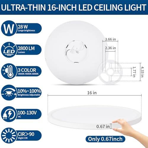 16'' Modern Led Flush Mount Ceiling Light Fixture,UltraThin,White,Dimmable - color: White, size: 16 inch 1P