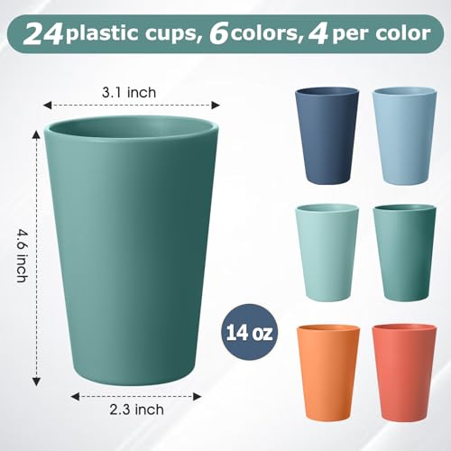 24 Pcs Unbreakable Plastic Cups Set, 14 oz Reusable Plastic Cups, Stackable Water Tumblers, Drinking Cup for Kitchen, Outdoor, BPA-free, Dishwasher Refrigerator and Microwave Safe (14 oz, 6 Colors) - color: 6-Dark Multicolor, size: 14 oz