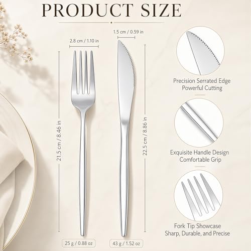 Nuenen 100 Pieces Stainless Steel forks and knives Dinner Flatware Set Tableware Cutlery for Butter Kitchen Restaurant, Dishwasher Safe (Silver,8.8 Inches,8.4 Inches,Portugal) - color: Silver, size: 8.8 Inches,8.4 Inches