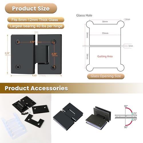 Alise Glass Shower Door Hinge,180° Shower Hinge for Glass Door,Black,1P - color: Black, size: 180 degree
