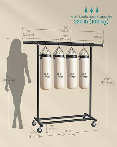 SONGMICS Clothes Rack with Wheels, Heavy-Duty, 220 lb Load Capacity - color: Black, size: 17.7"D x (36.2"-52")W x 63.6"H