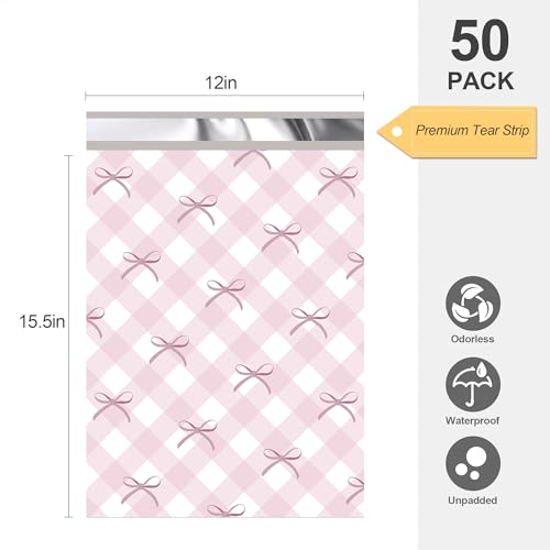 JinRuiKJ 12x15.5 Boutique Poly Mailers 50 Pack, Grid Bow Design - color: Grid Bow, size: 12x15.5'' - 50 Pack