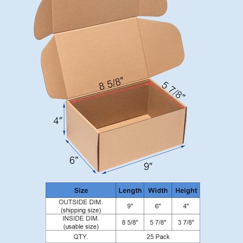 Wowxyz Shipping Boxes 9x6x4 Inches 25 Pack Corrugated Cardboard Brown Box - size: 9x6x4"