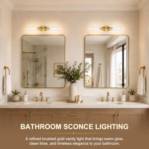 2-Pack Bathroom Vanity Light Fixtures – Modern 2-Light Gold Wall Sconces with Knurled Texture, Clear Glass Shades, Horizontal or Vertical Hardwired Mount, Bathroom Lighting Fixtures Over Mirror - color: Clear Glass-Gold, size: 2 Pack