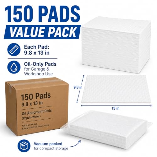 150 Pack Oil Absorbent Pads, Polypropylene oil Spill Mat 9.8 x 13 Inch Repels Water White Oil-Only Absorbing Protecting Sheets Garage Accessories for Automotive, Tools, Workshop & Storage Areas - color: White, 150 Pcs