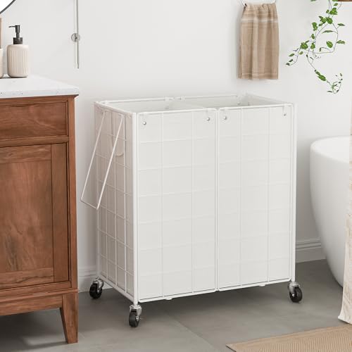 WOWLIVE Double Laundry Hamper with Wheels, Metal Rolling Laundry Basket - color: White, size: 120l