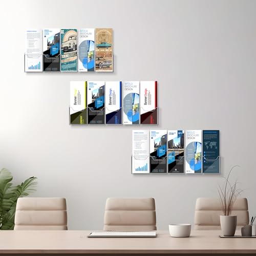 Honoson 3 Pack Wall Mount Pamphlet Holder Acrylic Brochure Holder with 5 Pockets, 4 Inch, Clear Wall Brochure Display Stand Hanging Rack for Pamphlet Flyers Booklet Menus Menu Advertise