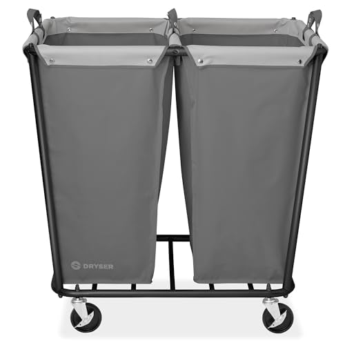 Dryser Divided Commercial Heavy-Duty Rolling Laundry Hamper, Steel Frame Cart on Wheels with 2 Section Removable Canvas Bins for Hotel or Home - Gray - color: Grey, size: 2-Section