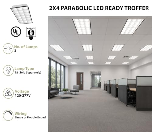 WareLight 2X4 LED Ready Parabolic Troffer Fixture, 18-Cell, 3-Lamp T8 LED Ready (Sold Separately), Non-Shunted Sockets, Single & Double Ended Wiring, 120-277V - size: 2x4