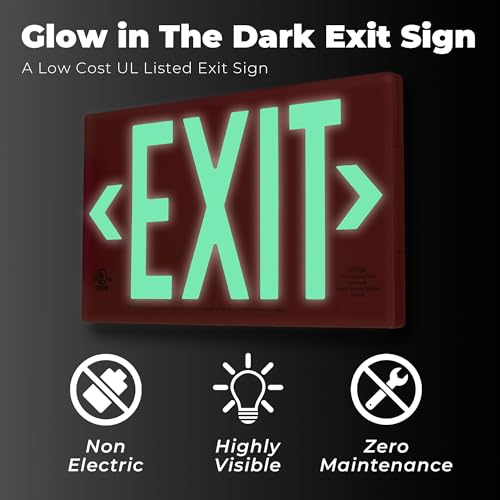 LFI Lights® UL 924 Listed 50’ Photoluminescent Exit Sign, Red Thermoplastic Housing, Single-Sided, Wall, Ceiling or Side Mount, Optional Arrows, Glow in the Dark, No Power or Battery Needed, PA3R50S