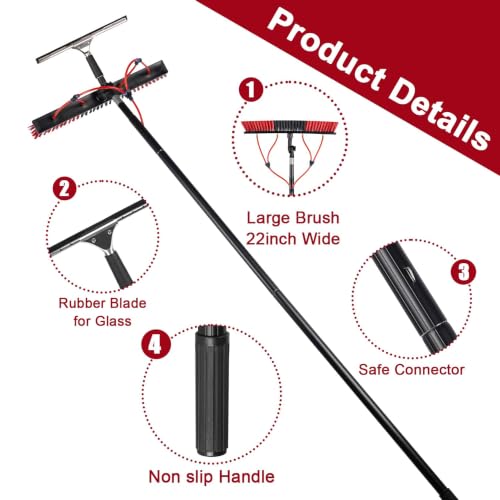 26ft Long Reach Solar Panel Cleaning Kit - Aluminum Extendable Water Fed Pole, 22in Wide Brush & Squeegee, Bendable Dusting Brush - Outdoor Window Washing Equipment Tool - color: 26ft, size: Large