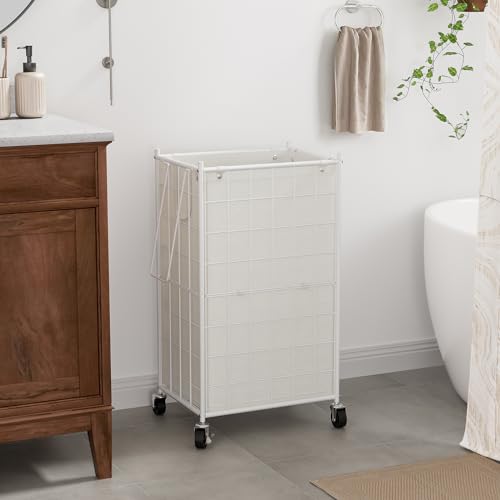 WOWLIVE Rolling Laundry Basket, Metal Wire Frame Laundry Hamper with Wheels - color: White, size: 100l