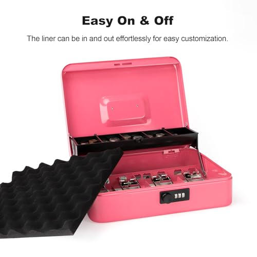 Cash Box with Combination Lock & Foam Auto-Pop Coin Tray – Secure Steel Money Box with 4 Upgraded Finger-Safe Bill Clips, Premium Smooth Scratch-Resistant Coating, 11.8", Combo Hot Pink - color: Combo Hot Pink